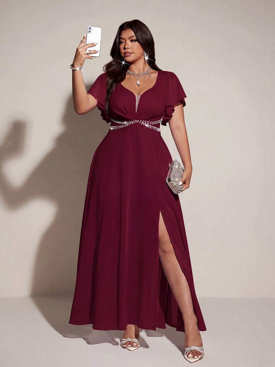 Viva Relle Plus Size Women's Elegant Romantic V-Neck Short Sleeve Flowing Dress, Spring/Summer - Burgundy - View 1