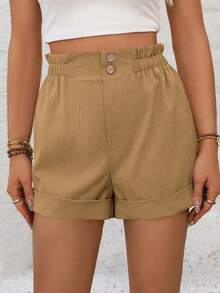 EMERY ROSE Celana Pendek Kasual Wanita dengan Desain Kancing di Pinggang - Mocha Brown - View 3