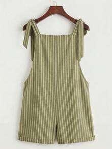 SHEIN EZwear 休闲简约度假波西米亚风优雅复古深绿色条纹印花图案女式衬衫，适合办公室、通勤、音乐节、海滩、夏季穿着，系带口袋拼接连体裤 - 彩色 - 查看 2