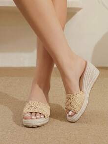 Styleloop Giày nữ, màu nâu nhạt, giày rơm dây gai đan rỗng, dép đế xuồng cao, tăng chiều cao, phong cách Bohemian cho kỳ nghỉ - Màu be - Xem 4