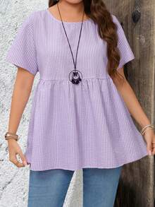 EMERY ROSE Plus Size Striped Print Round Neck Casual Short Sleeve Tunic Tops Dressy Blouses , Suitable For Summer - Purple - View 4