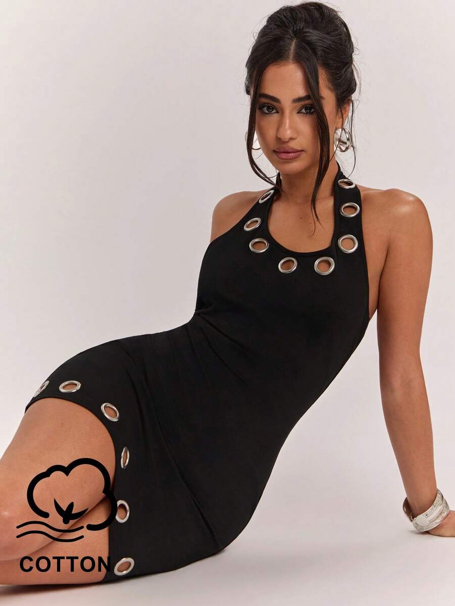 SHEIN BAE Đầm hai dây ngắn nữ kiểu dáng thường ngày, đa năng, thời trang đường phố, trang trí lỗ kim loại, dễ phối đồ. - màu đen - Xem 1