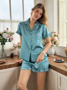 Snug Reverie Set Piyama Wanita Lengan Pendek Berkerah Satin Sutra dengan Bordir dan Rumbai yang Elegan dan Lucu, Warna Teal Turquoise untuk Tidur di Musim Panas - Cadet Blue - View 5