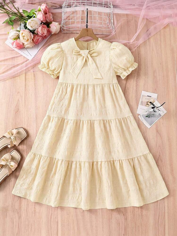 SHEIN Đầm casual cổ tròn tay phồng màu trơn cho bé gái tuổi teen - Màu be - Xem 5
