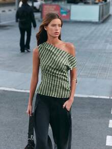 Nöista Fitted Top In Diagonal Green And Black Stripes, Asymmetrical Neckline Showing One Shoulder With A T Of Gathering On The Sides.Spring Festival, Summer - Multicolor - View 5