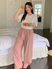 Dazy Plus 大码女式波点印花拼接宽松长款休闲家居裤，适合春、夏、秋季穿着，粉色睡裤 - 粉色 - 查看 6