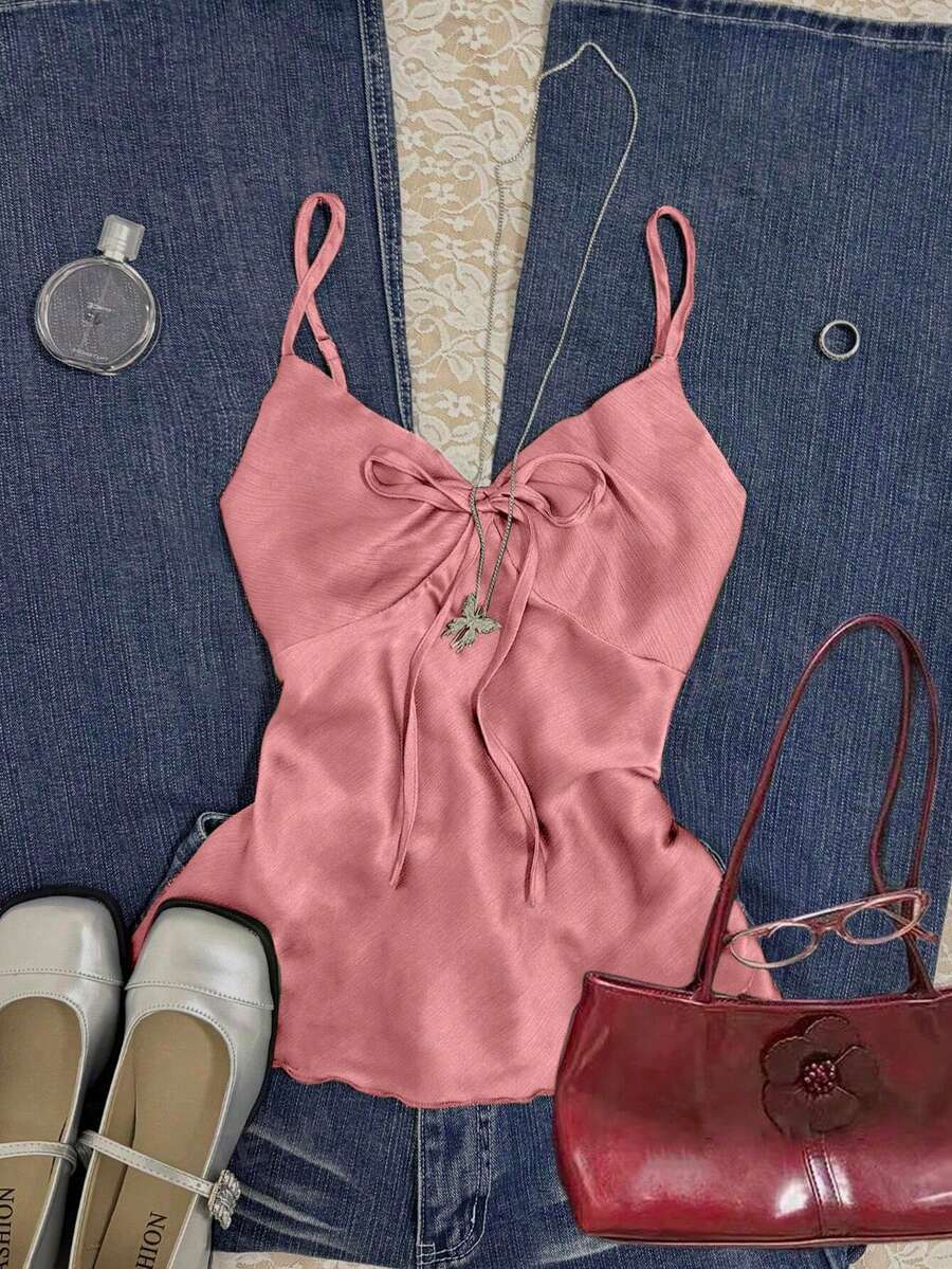 SHEIN 女士纯色雪纺系带吊带背心 - 西瓜粉 - 查看 1