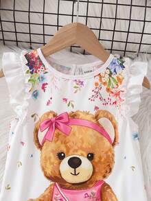 SHEIN 少女優雅白色夏季仙女生日刺繡蝴蝶結無袖荷葉邊飾上衣，休閒日常度假質感蝴蝶眼花短版上衣 - 彩色 - 查看 6