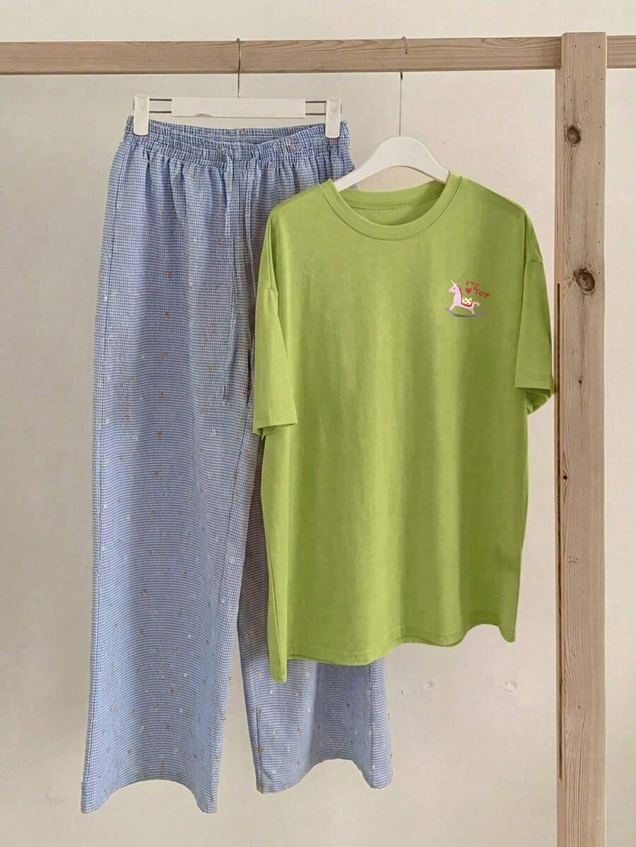 DAZY 2件套女士可爱木马印花上衣和格子彩色波点睡裤,夏季家居服套装 - 綠色 - 查看 1