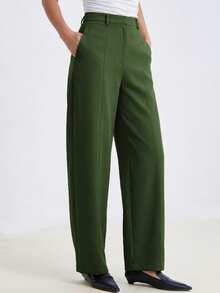 Aveloria Modichic High-Waisted Loose Straight-Leg Trousers Olive Green Summer Business Casual Elegant Office Essential Tailored Polyester Blend Suit Pants Side Pockets - Green - View 4