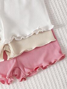 SHEIN 3套6件組女嬰可愛粉色/米色/白色羅紋條紋短袖T恤上衣短褲套裝，柔軟薄款夏季陽光沙灘玩樂時尚款 - 彩色 - 查看 6