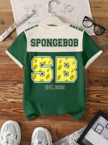 SpongeBob SquarePants | SHEIN Tween Boy Colorblock Letter & Cartoon Print Crew Neck Short Sleeve T-Shirt - White - View 2