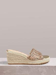 Styleloop Giày nữ, màu vàng đồng, giày dệt từ dây gai dầu và rơm, sandal đế xuồng, giày giúp tăng chiều cao, phong cách bohemian cho kỳ nghỉ. - Vàng - Xem 6