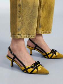 CUCCOO GRLICON Yellow Color Matching Pointed Back Empty Kitten Heels, French Retro Bow Stiletto Commuter Shoes For Women - Yellow - View 5