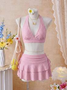 Bellisia Bộ bikini tam giác cổ yếm màu cam 26SS gồm áo và chân váy cùng màu, thích hợp mặc đi biển/nghỉ dưỡng. - Nhiều màu - Xem 1