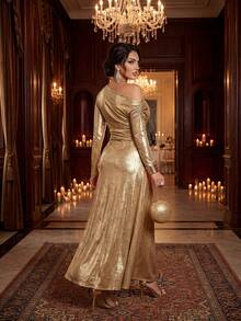 SHEIN Lady Đầm dự tiệc thanh lịch dành cho nữ, cổ áo bất đối xứng ánh kim. - Vàng - Xem 3