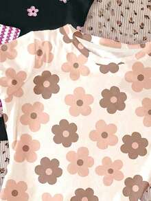 3pcs/Set Tween Girls Cute Floral Series Cream White,Pink Stripe,Black Crew Neck Short Sleeve T-Shirts,Summer Back-To-School Casual Outfits For School - White - View 3