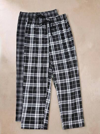 Manfinity Underwear&Sleepwear Basics Quần dài mặc nhà nam Manfinity mùa xuân/hè, kiểu dáng cơ bản, thoải mái, họa tiết kẻ caro đen trắng, gồm 2 chiếc.