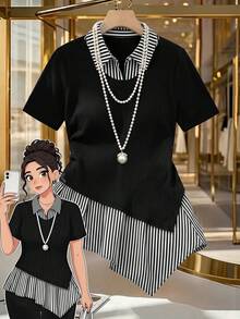 GlowEve CURVE Plus Size Women Striped Patchwork Short Sleeve Casual Top, Summer - Multicolor - View 1