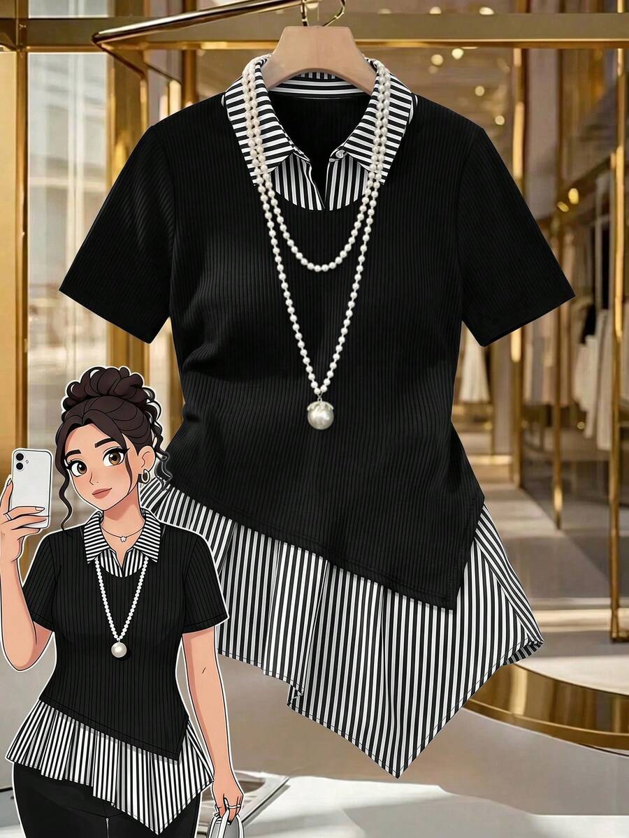 GlowEve CURVE Plus Size Women Striped Patchwork Short Sleeve Casual Top, Summer - Multicolor - View 1