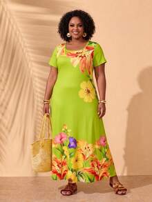 Zaforene Plus Size Floral Print Square Neck Short Sleeve Summer Dress - Multicolor - View 4
