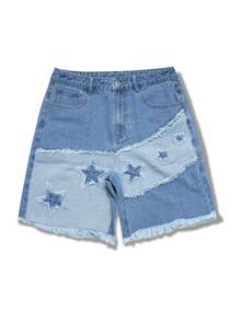 Manfinity Roughcore Men's Street Fashion Contrast Color Patchwork Star Embroidery Frayed Hem Washed Denim Shorts, Holiday - Medium Wash - View 3