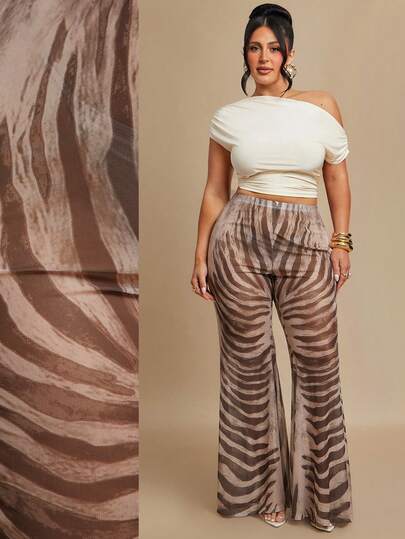 SHEIN BAE Plus Size Women Slinky Animal Print Mid Rise Flared Trousers Spring Summer Holiday Vacation Beach Ibiza Festival Party Elegant , Solid Color Sexy Mesh Semi-Sheer Pants, Suitable For Summer Music Festival Party, Beach Party, Rave, Festival/Winter /Fall/Halloween/Christmas/Elegant Party/Curvy Party,Animal Print Flared Pants