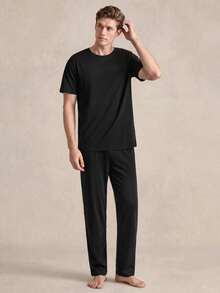 SHEIN 男士纯色短袖上衣和裤子睡衣套装 - 黑色 - 查看 3