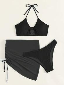 SHEIN Swim Summer Beach 3packs Textured Ring Linked Bikini With Beach Skirt - Black - View 3