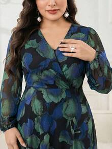 Modelyn Plus Size Elegant Floral Print Midi Dress For Commuting Fall - Blue - View 5