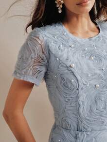 Anewsta Conjunto elegante de verano para fiesta, top con rosas 3D y cuentas combinado con falda de malla con patchwork, conjunto de 2 piezas azul para mujer, adecuado para fiestas, banquetes y bodas - Azul - Ver 5