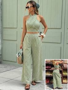 Serisse Women's Casual Vacation Green Plaid Criss-Cross Crop Halter  Top And Wide Leg Pants Casual 2 Pieces Set,Green Two Piece Set, Summer Pant Set, Boho Two Piece Set,Slimming Casual Set,Summer Vacation Outfits,Holiday Outfits For Women, Summer Outfits For Women , Holiday Outfits Western Wear Women Summer Holiday Outfits,Vacation Outfits For Women Resort, Summer 2 Piece Sets Woman Casual Two Piece Set Comfortable Two Piece Set - Green - View 7