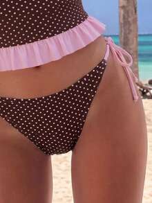 Swim Mod Set Bikini Tank Top Seksi Manis Berkerut untuk Wanita di Pantai Musim Panas dengan Motif Polkadot - Coklat - View 5