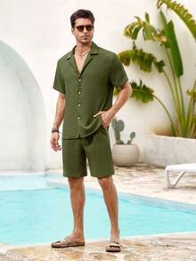 Mercer Haus Set Kemeja Pria Warna Hijau Army Polos Lengan Pendek Bahan Polyester, Model Dasar, Kancing, Kancing Depan, Saku, Musim Panas, Set Serasi, Ringan, Bernapas, Hadiah untuk Ayah/Suami - Hijau Tentara - View 3