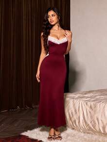 Slumberist Deep V-Neck Lace Contrast Color Backless Criss-Cross Strap Fishtail Dress - Burgundy - View 2