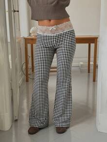 SHEIN PETITE Women's Lace Patchwork Plaid Casual Versatile Daily Wear Pants - Black and White - View 3