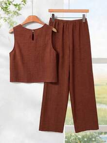 Rusticease Women's Minimalist Print Sleeveless Top And Pants 2 Pieces Set - Rust Brown - View 2