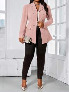 SHEIN Lady Áo khoác công sở màu hồng dáng dài, cổ ve áo nhọn, tay phồng, khuy vàng, dành cho mùa thu đông. - Hồng - Xem 4