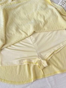 SHEIN 青少年女孩優雅純黃色紋理布料不對稱肩帶蝴蝶結裝飾雙層A字裙，適合海灘度假，青春女孩可愛洋裝 - 黃色 - 查看 8