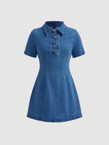 SHEIN 少女时尚休闲 Y2K 复古酷炫街头深蓝色牛仔翻领上衣式弹力修身短裙，适合少女日常穿着，也适合春夏派对、节日和街头服饰。 - 藍色 - 查看 4
