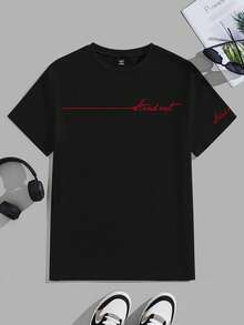 Manfinity EMRG Men's Casual Letter Print Round Neck Short Sleeve T-Shirt, Summer, Holiday - Black - View 2
