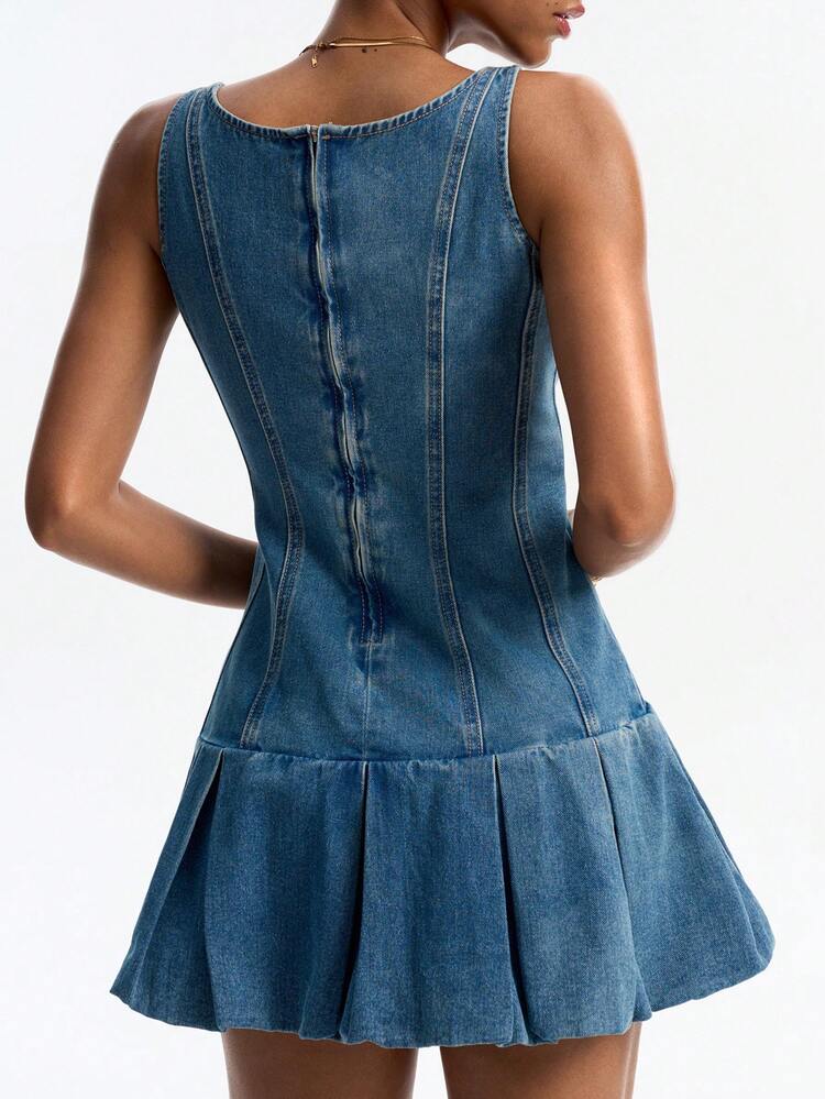 Solid Color Fitted Waist Ruched Casual Summer Denim Dress For Women