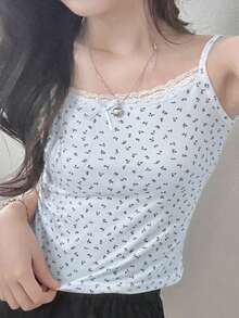 DAZY 女款花卉蕾絲細肩帶背心搭配網眼裝飾圖案T恤 夏季款 - 白色 - 查看 4