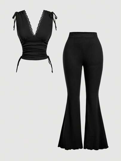 SHEIN MOD Women's Solid Deep V-Neck Sleeveless Top And Flare Pants 2 Pieces Set