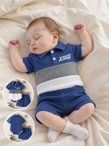 SHEIN Baby Contrast Color Patchwork Polo Collar Short Sleeve Outfit - Navy Blue - View 3