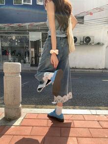 DAZY 女款韓式寬鬆蕾絲拼接休閒街頭牛仔短褲 夏季 - 藍色 - 查看 6