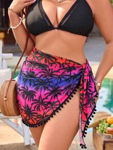 Swim Vcay Set Rok Penutup Motif Pohon Palem Ombre Ukuran Plus, Warna Pink untuk Liburan Musim Panas - MultiWarna - View 1