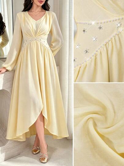 Yasmyna French Elegant Lady Style Heavily Beaded Rhinestone V-Neck Long Sleeve Ruffle Waist Irregular Hem Date Maxi Dress