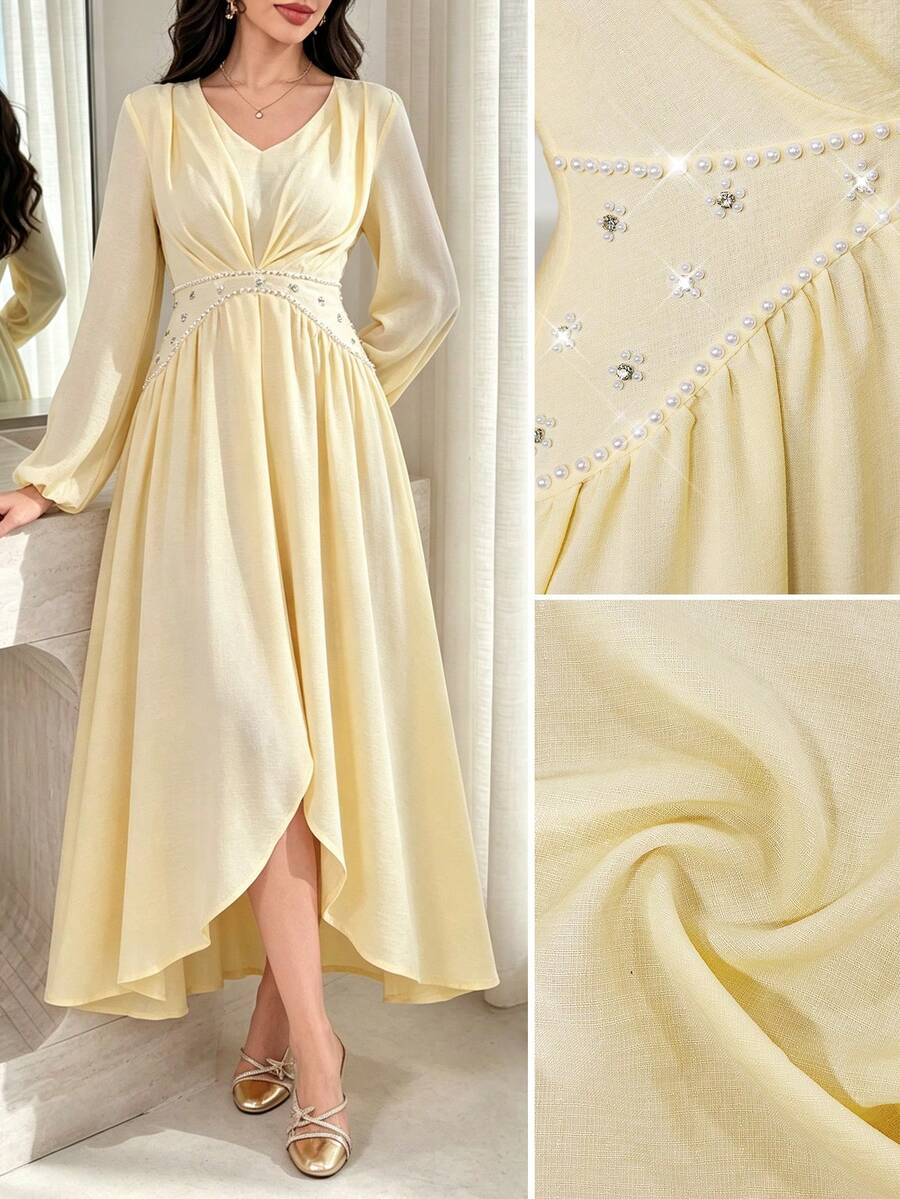 Yasmyna Đầm maxi dài tay cổ chữ V tay dài kiểu Pháp thanh lịch, đính cườm và đá quý lấp lánh, eo bèo nhún, vạt bất đối xứng, thích hợp cho buổi hẹn hò lãng mạn.