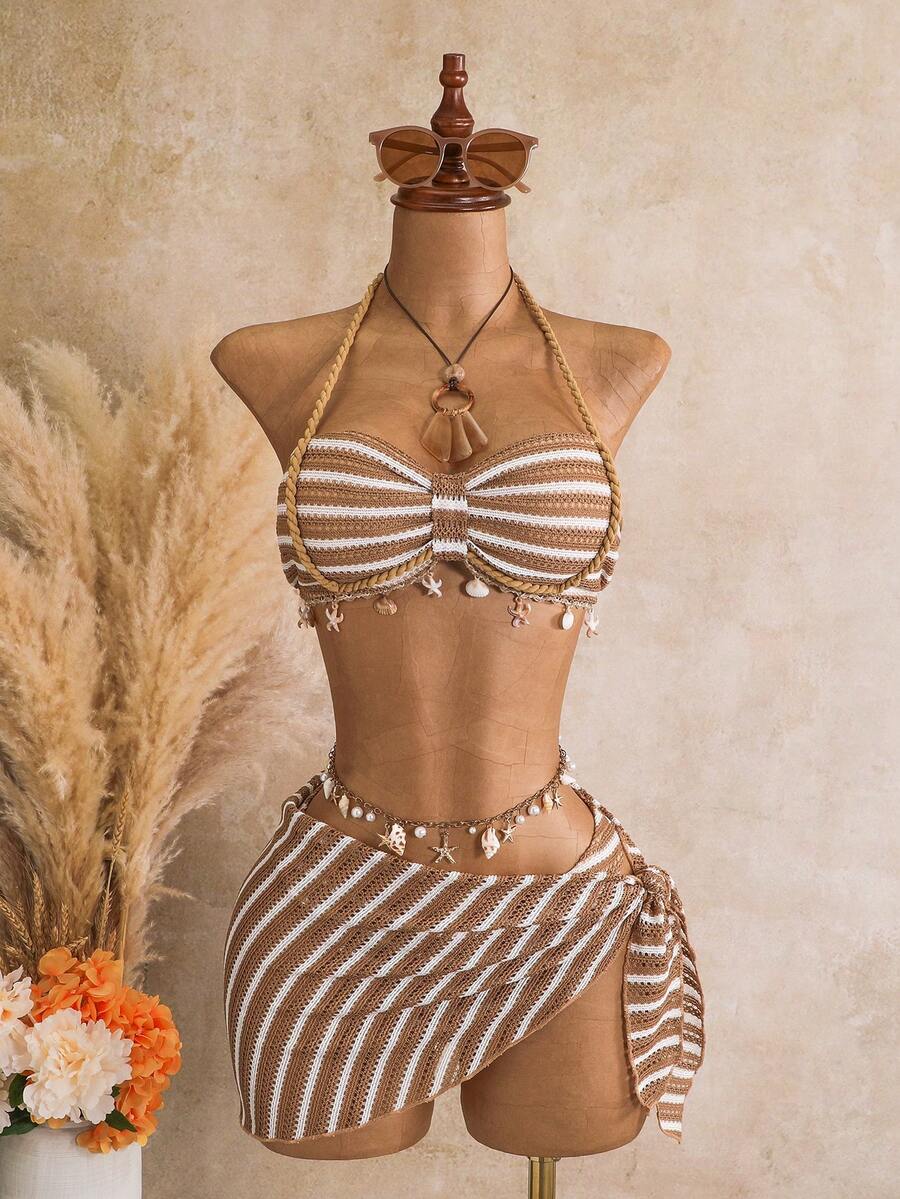 Bellisia Women's Spring/Summer Jacquard Fabric Bandeau Halter Ruched Drawstring Shell Trim 3-Piece Bikini Set - Multicolor - View 1